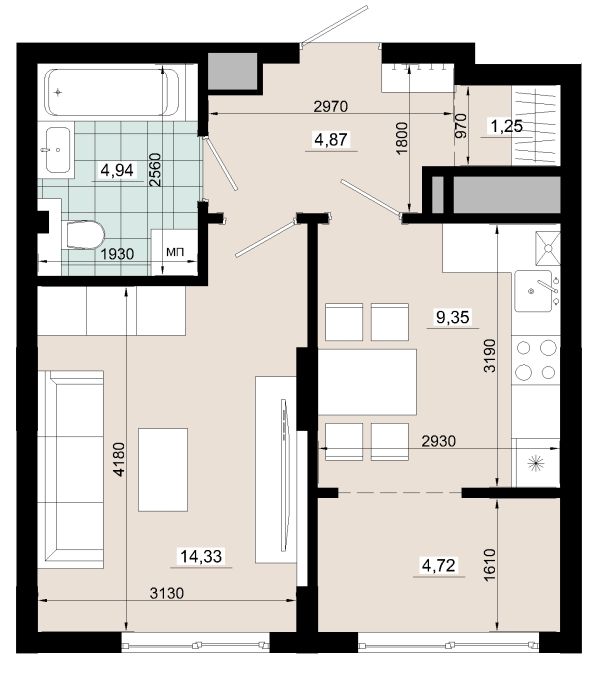 Однокімнатна 39.46 кв.м 