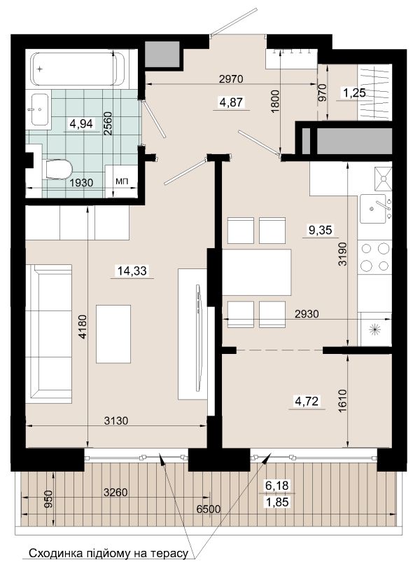 Однокімнатна 41.31 кв.м /з терасою/