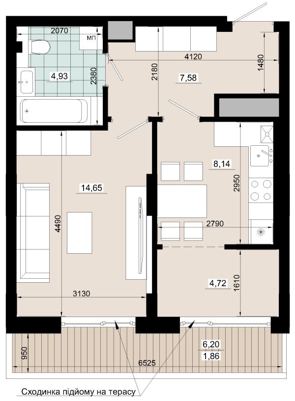 Однокімнатна 41.88 кв.м /з терасою/