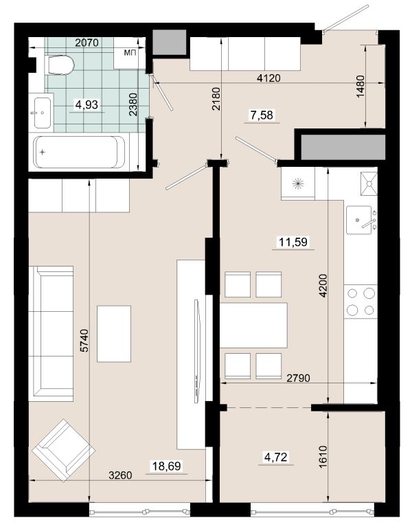 Однокімнатна 47.51 кв.м