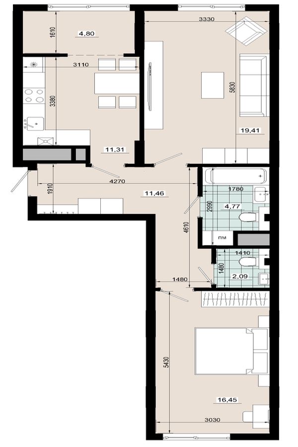 Двокімнатна 70,29 кв.м