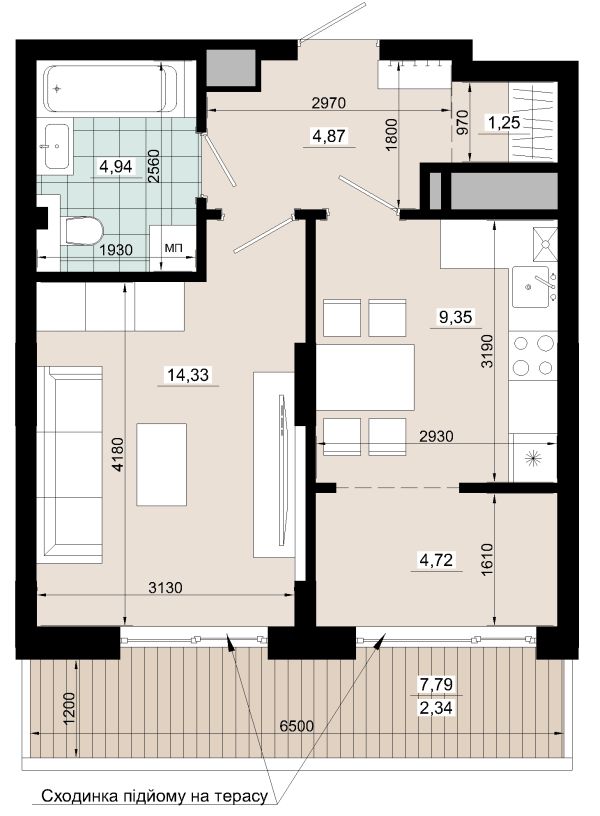 Однокімнатна 41.80 кв.м /з терасою/