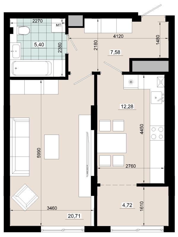 Однокімнатна 50.69 кв.м 