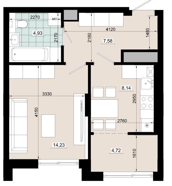 Однокімнатна 39.69 кв.м