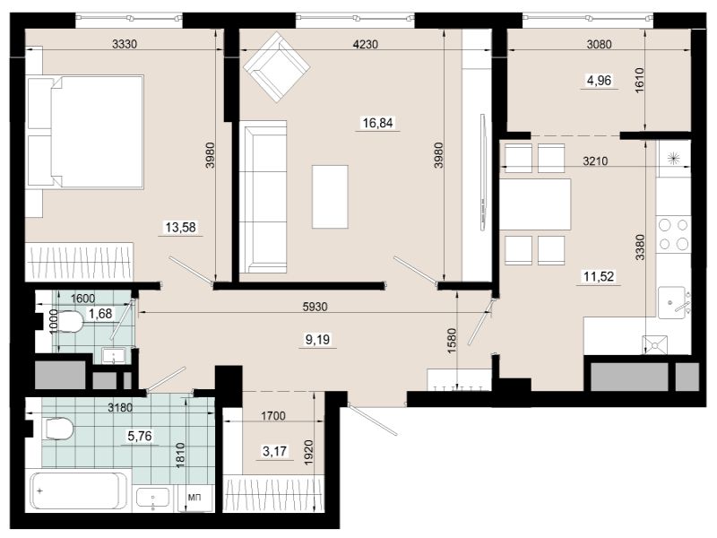 Двокімнатна 66,70 кв.м
