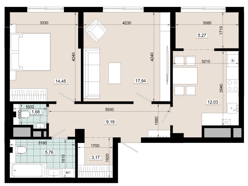 Двокімнатна 69,49 кв.м